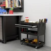 HOMCOM Tool Cart on Wheels, Utility Cart with Wheels, Ball Bearing Drawer, Storage Trays for Garage, Warehouse, Black(m-1)