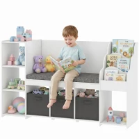 Qaba Kids Storage Shelf with Reading Nook, Toy Storage Organizer with Seat Cushion, 3 Fabric Drawers for Playroom, Nursery(m-2)