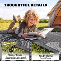 Outsunny Reversible Outdoor Rug, Waterproof Plastic Straw with Carry Bag, 9' x 18', Black & Gray Gourd Border(m-6)