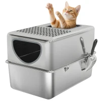 PawHut Stainless Steel Cat Litter Box with Lid, Extra Large Enclosed Litter Box with Top Litter-Catching Holes, Scoop, Silver(m-9)