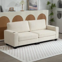HOMCOM Three Seater Sofa, Fabric 3 Seater Couch with Spring Cushion and Cup Holders for Living Room, Bedroom, Cream White(m-8)