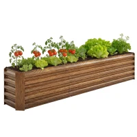 Outsunny 8 x 1.3 x 1.5ft Galvanized Raised Garden Bed, Reinforced Outdoor Planter Box with Open Bottom, Brown Wood Effect(m-9)