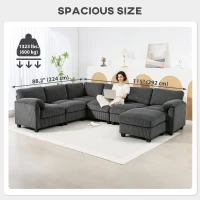 HOMCOM Modular Sectional Sofa, Oversized U-Shaped Couch with Spring Cushion, Corduroy Sofa for Living Room, Charcoal Grey(m-8)