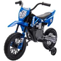 Qaba 12V Kids Dirt Bike, Electric Motorcycle with Twist Grip Throttle, Training Wheels, Rear Suspension & Music, Blue(m-2)
