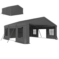 Outsunny 20' x 20' Heavy Duty Carport, Portable Garage Car Canopy Tent Shelter with 3 Roll-up Doors, 4 Windows, Dark Grey(m-9)