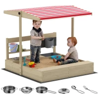 Outsunny Kids Sandbox with Cover Kitchen Playset Toys, Wooden Sand Box with Seat, Storage, for 3-7 Years Old, Natural Wood(m-9)