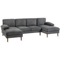 HOMCOM U Shape Couch with Double Chaise Lounge, Modern 4 Seater Sofa with Wooden Legs, Fabric Sofa for Living Room, Dark Grey(m-9)