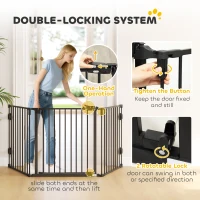 PawHut Foldable Dog Gate with Door, 3 Panel Metal Pet Gate for Stairs, Doorways and Fireplace, Auto-Close Safety Gate, Black(m-4)