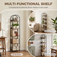HOMCOM Bookshelf 5 Tier Arched Bookcase, 69.5" Tall Industrial Open Book Shelves with Metal Frame, Rustic Brown(m-7)