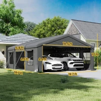 Outsunny 20' x 20' Heavy Duty Carport, Portable Garage Car Canopy Tent Shelter with 3 Roll-up Doors, 4 Windows, Dark Gray(m-3)