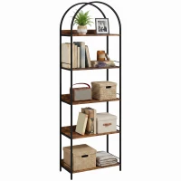 HOMCOM Bookshelf 5 Tier Arched Bookcase, 73.2" Tall Industrial Open Book Shelves with Metal Frame, Rustic Brown(m-13)