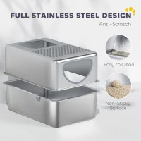 PawHut Stainless Steel Cat Litter Box with Lid, Extra Large Enclosed Litter Box with Top Litter-Catching Holes, Scoop, Silver(m-4)
