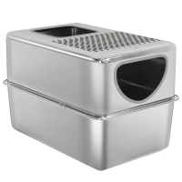 PawHut Stainless Steel Cat Litter Box with Lid, Extra Large Enclosed Litter Box with Top Litter-Catching Holes, Scoop, Silver(m-2)