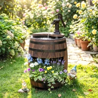 Outsunny 23" H Outdoor Water Fountain Wood and Plastic Rustic Apple Barrel Pump Garden Decor for Outside Backyard(m-2)