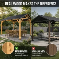 Outsunny 13' x 11' Hardtop Gazebo Canopy with Galvanised Metal Roof, Fir Wood Frame and Central Hook for Patio, Black Gray(m-9)
