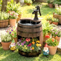 Outsunny 23" H Outdoor Water Fountain Wood and Plastic Rustic Apple Barrel Pump Garden Decor for Outside Backyard(m-9)