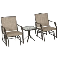 Outsunny 3 Piece Patio Glider Set Outdoor Gliders with Breathable Mesh Seat, Glass Top Table for Garden, Yard, Mixed Brown(m-9)
