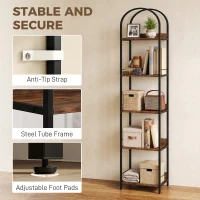 HOMCOM Bookshelf 5 Tier Arched Bookcase, 69.5" Tall Industrial Open Book Shelves with Metal Frame, Rustic Brown(m-6)