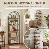 HOMCOM Bookshelf 5 Tier Arched Bookcase, 73.2" Tall Industrial Open Book Shelves with Metal Frame, Rustic Brown(m-7)