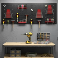 HOMCOM 38 Piece Metal Peg Board with Accessories, Shelf Tool Organizer, Black and Red(m-7)