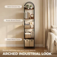 HOMCOM Bookshelf 5 Tier Arched Bookcase, 69.5" Tall Industrial Open Book Shelves with Metal Frame, Rustic Brown(m-4)