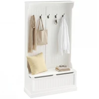 HOMCOM 3-In-1 Entryway Bench with Coat Rack, Hall Tree with Bench and Shoe Storage, 5 Hooks for Hallway Cream White(m-1)