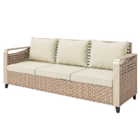 Outsunny Rattan Wicker Sofa 3-Seater Outdoor Patio Sofa with Cushions for Garden Backyard Porch Beige(m-1)
