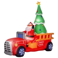 HOMCOM 7.5ft Christmas Inflatable Santa Claus Driving a Fire Truck with Tree, Outdoor Blow-Up Yard Decoration with LED Lights Display(m-1)