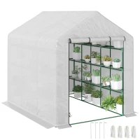 Outsunny Outdoor Walk-in Greenhouse with Roll-up Zipper Door, 18 Shelves, PE Cover, 95.25" x 70.75" x 82.75", White(m-11)