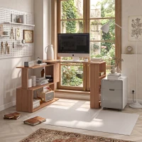 HOMCOM L Shaped Corner Desk, 360 Degree Rotating Home Office Desk with Storage Shelves, Writing Table Workstation, Maple(m-6)