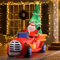 HOMCOM 7.5ft Christmas Inflatable Santa Claus Driving a Fire Truck with Tree, Outdoor Blow-Up Yard Decoration with LED Lights Display(m-2)