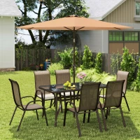 Outsunny 8 Pieces Patio Furniture Set with 9Ft Patio Umbrella, Outdoor Dining Table and Chairs, Light Mixed Brown(m-2)