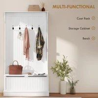 HOMCOM 3-In-1 Entryway Bench with Coat Rack, Hall Tree with Bench and Shoe Storage, 5 Hooks for Hallway Cream White(m-4)