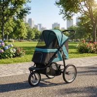 PawHut 3 Wheels Pet Stroller for Small Dogs and Medium Dogs with Adjustable Canopy, Safety Tether, Storage Basket, Dark Green(m-8)
