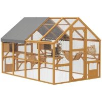 PawHut Wooden Catio Outdoor Cat Enclosure, Large Cat House with Waterproof Cover, 2 Condos, 6 Platforms, Bridge, Doors, Yellow(m-11)