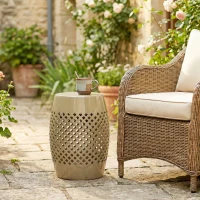 Outsunny 12.4" Steel Patio End Table, Round Hollow Drum Side Table, Accent Table for Indoor and Outdoor, Khaki(m-7)