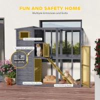 PawHut Wooden Outdoor Catio with Platforms, Asphalt Roof, Ramps, Gray(m-12)