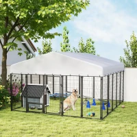 PawHut 9.8' x 9.8' x 6' Outdoor Dog Kennel, Dog Kennel Outside Run with 360° Rotating Bowls, Waterproof & UV Resistant Cover(m-2)