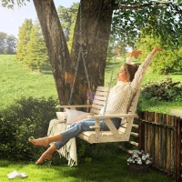 Outsunny 3-Seater Swing Bench, Wooden Porch Swing with Cupholders, Hanging Chains for Patio Garden, Nature Wood(m-2)