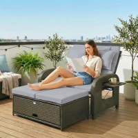 Outsunny Patio Rattan Daybed, Wicker Outdoor Daybed with Storage Ottoman, Loveseat w/ Adjustable Backrest, Gray(m-10)