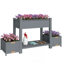 Outsunny Wooden Raised Garden Bed with 2 Foldable Side Pots, Raised Planter with Storage Shelf and Drainage Holes(m-9)