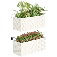 Outsunny 2 Pack 20 Inch Hanging Flower Pots, Railing Planter Box for Fence, Garden, Rattan Look, White(m-9)