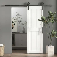 HOMCOM 28inx84in Barn Door with 5FT Sliding Door Hardware Kit, Handle, Upgraded Rollers and Floor Guide, Waterproof, White(m-1)