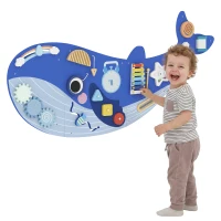 Qaba Whale Activity Wall Busy Board, 13 in 1 Montessori Sensory Wall Panel for Playroom Nursery Classroom Boys Girls 2+, Blue(m-2)