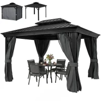 Outsunny 10' x 12' Hardtop Gazebo Permanent Pavilion w/ Double Roof Aluminum Frame Sidewalls for Patio Garden Deck, Dark Gray(m-1)