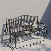 Outsunny Outdoor Bench with Retractable Middle Table, Metal Frame Patio Loveseat with Slatted Seat and Backrest, Curved Armrests, Black(m-3)