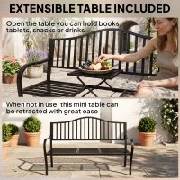 Outsunny Outdoor Bench with Retractable Middle Table, Metal Frame Patio Loveseat with Slatted Seat and Backrest, Curved Armrests, Black(m-4)