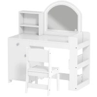 Qaba Kids Vanity Set, Toddler Dressing Table and Chair Set  with Lighted Mirror, Cabinet, Drawer and Shelves, White(m-2)