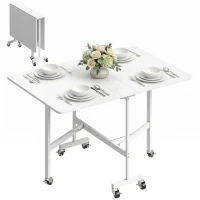 HOMCOM Six-Seater Drop-Leaf Dining Table with Wheels, White(m-13)