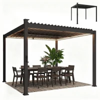 Outsunny 10 x 10 ft Louvered Pergola with Solar LED lights, Metal Roof, Outdoor Pergola Gazebo with Drainage Gutters, Black(m-2)